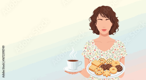 A Woman Holding A Plate Of Biscuits And A Cup Of Hot Tea In Her Outstretched Hand