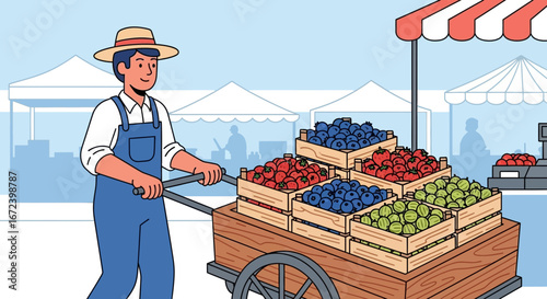 A Farmer Showcasing Berries And Fruits At The Farmers Market, Promoting Fresh Produce Sales