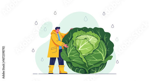 A Farmer's Connection With Giant Cabbage Under Rainfall Depicting Agriculture and Greenery
