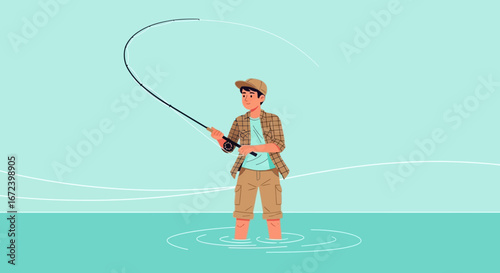 A Fisherman Leisurely Casting a Line, Enjoying the Calm Tranquility of Nature's Embrace
