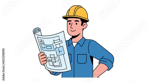 Construction Blueprint: A construction worker, dressed in workwear, examines a blueprint, symbolizing the core of architecture and construction work.