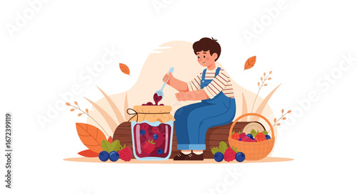 A Young Artisan Crafting Sweet Preserves and Enjoying a Quiet, Harvest Season Day