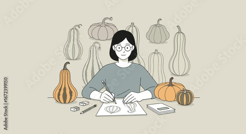 A Young Artist Creating Pumpkin Illustrations For Festive Autumn Designs