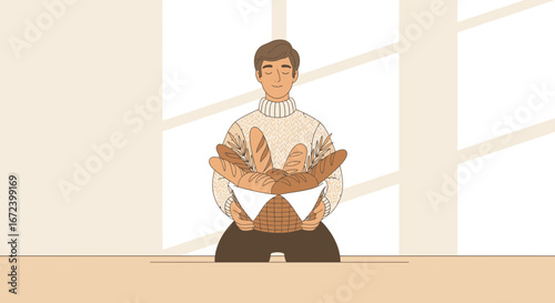 A Young Baker Displays The Delicious Breads He Made With Pride And Joy
