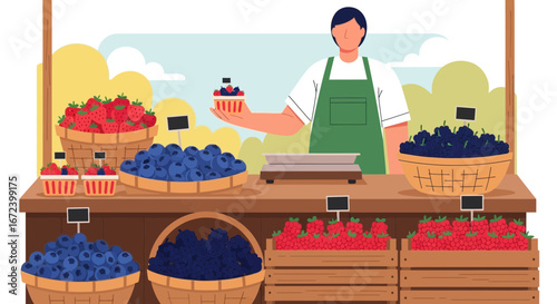 A Friendly Vendor Showcases Fresh Harvested Berries at a Local Farmers Market Display