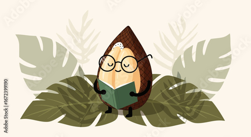 A Fruit Character Reading A Book Surrounded By Botanical Elements A Delightful Illustration