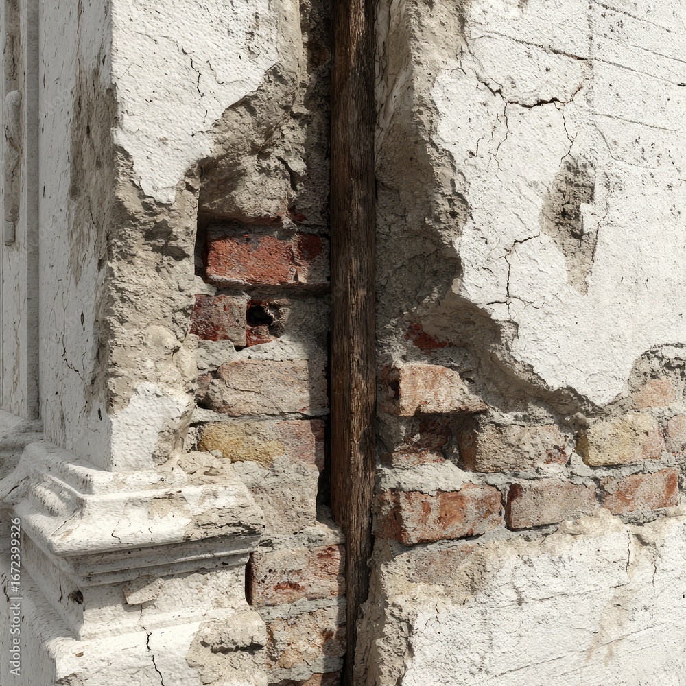 Naklejka premium A weathered section of aged brick and plaster wall shows signs of decay and time's passage.