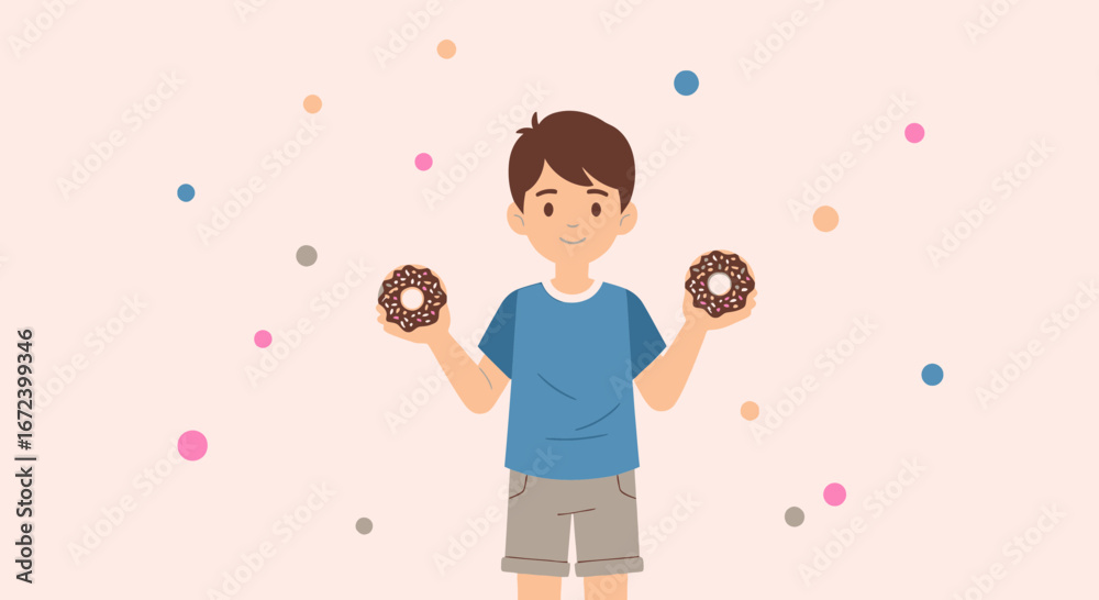 Fototapeta premium A Young Boy Smiles While Holding Two Donuts With Attractive Colors and Design