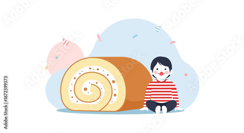 A Young Child Beside a Delicious Slice of Sweet Swirl Dessert Illustration