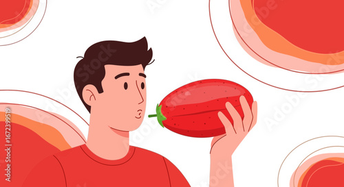 A Young Man Admiring a Perfectly Ripe Tomato in an Eye-Catching Graphical Style