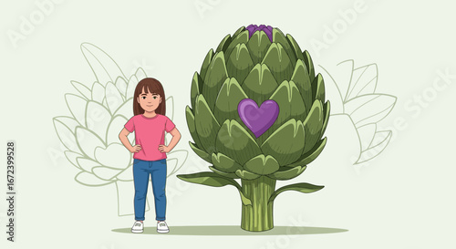 A Girl Stands Proudly Beside a Large Artichoke With a Purple Heart Symbol