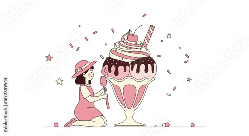 A Girl Enjoys An Enormous Ice Cream Sundae, Perfecting Sweet Summer Treats