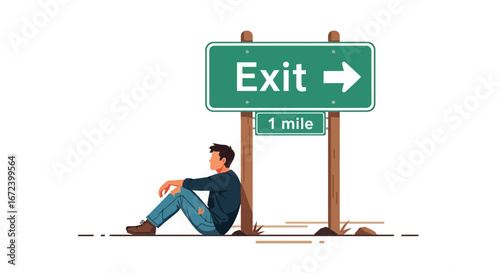 A Young Man Leaning Agains Exit Sign, Illustration of Roadside Solitude and Reflection
