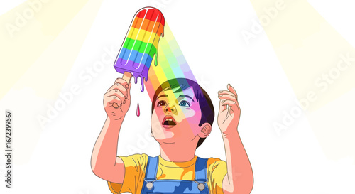 A Young Person Amazed Holds A Rainbow Ice Cream, Displaying Various Colors And Joy