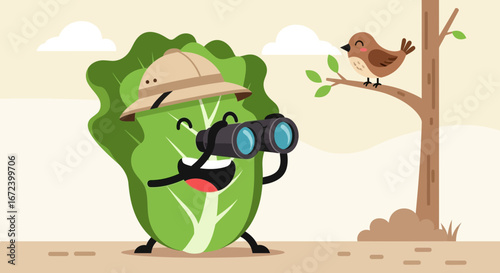 A Happy Lettuce Explorer Viewing A Bird On a Branch With Binoculars In a Sunny Scene