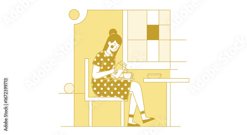 A Young Woman Enjoying Morning Coffee By A Window in Minimalist Graphic Style