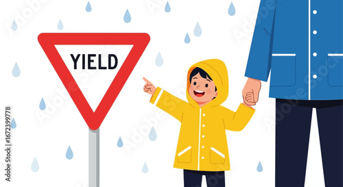 A Youngster Pointing At A Yield Sign With A Parent During A Rainy Weather