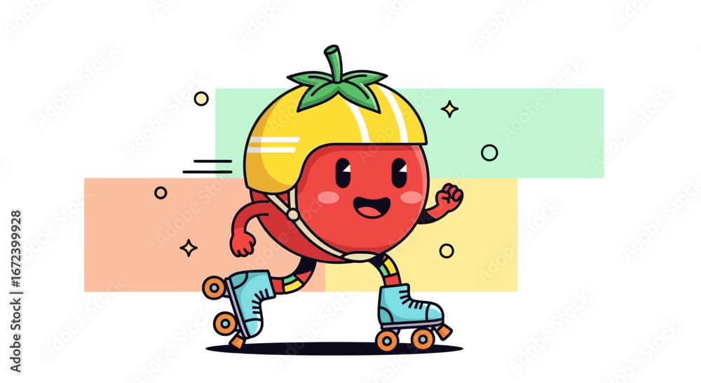 Fototapeta premium A Joyful Tomato Character Skating Happily With Protective Helmet and Cheerful Expression