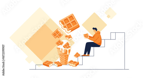 A Joyful Scene Depicting a Dessert Composition with a Person and Fresh Waffles