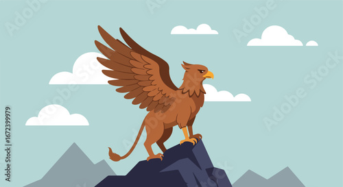 Griffin Standing Proudly on Mountain Peak with Clouds in the Sky