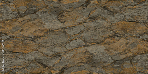Closeup of a textured natural stone surface with rough, layered patterns and earthy brown and gray tones, creating a rugged background