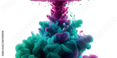 Abstract explosion of pink and teal ink in water isolated on white background
