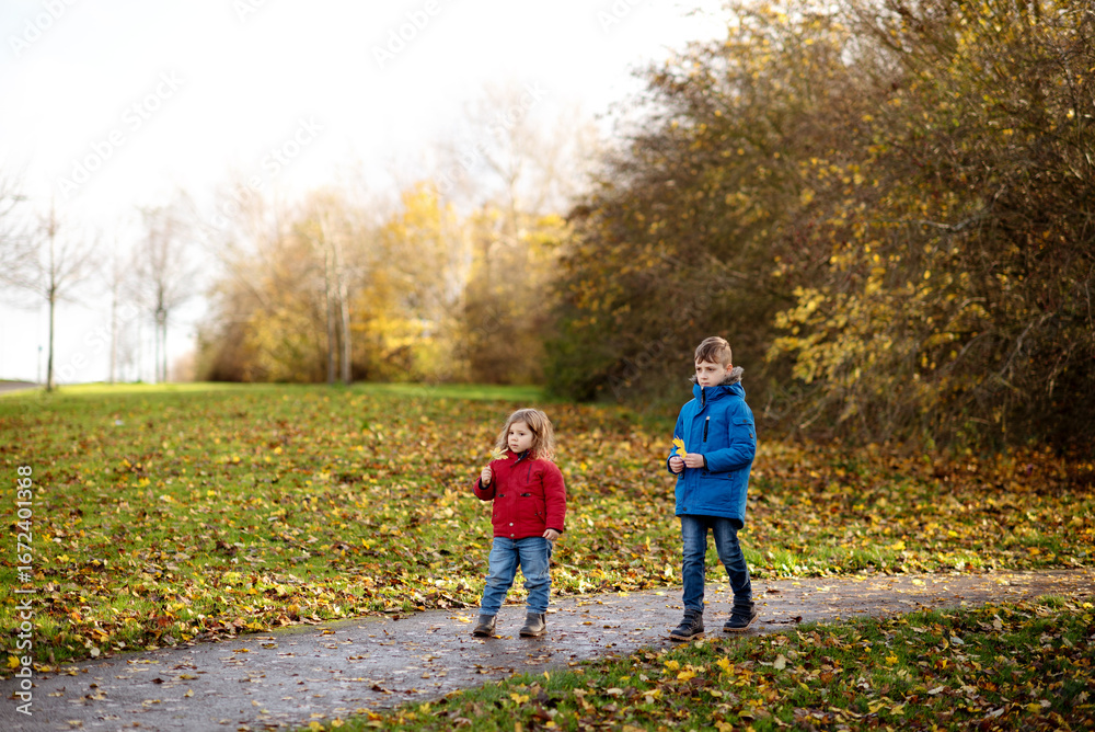 Fototapeta premium Two children walking together along a park path surrounded by autumn trees and fallen leaves.