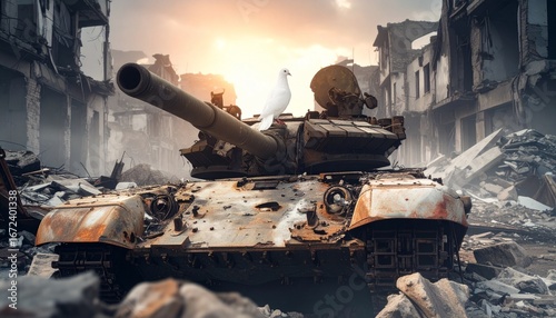 Tanque corroído y lleno de agujeros de metralla, abandonado en medio de una ciudad en ruinas. Encima del cañón del tanque, una paloma blanca posada con serenidad, simbolizando paz.