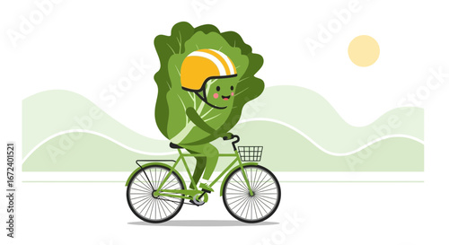 Adventurous Cabbage Riding a Bicycle Towards Sunlight in a Serene Green Landscape