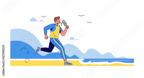 Active Individual Consuming Cold Treat While Jogging Along Beachy Shoreline