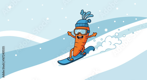 Adventurous Carrot Character Snowboarding Down Wintery Snowy Slopes With Joyful Expressions