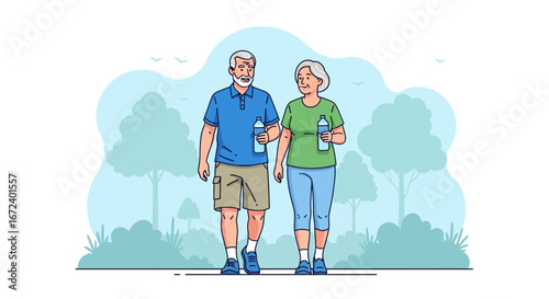 Active Couple Walking Outdoors During The Day Holding Water Bottles To Stay Hydrated