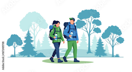 Adventurous Duo Hiking Through Verdant Landscape, Embracing Nature's Serenity