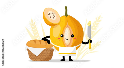 Adorable Animated Character Presenting Freshly Baked Bread, Butter, And Fruit Slice Delight