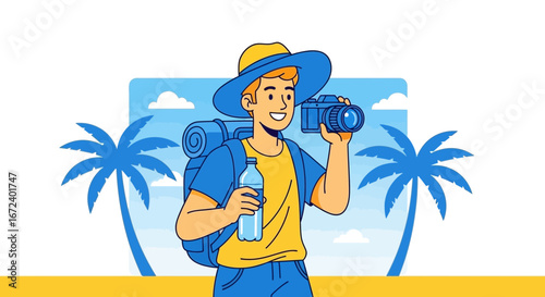 Adventurous Explorer Capturing Paradise with Camera on a Tropical Vacation Destination