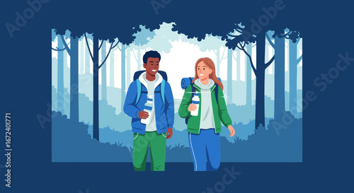 Adventurous Friends Discovering Scenic Nature Trails In Woodland Forest Landscape
