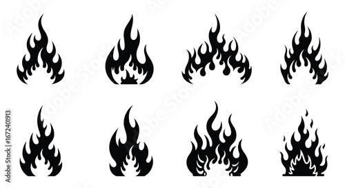 Collection of various black flame icons on a white background