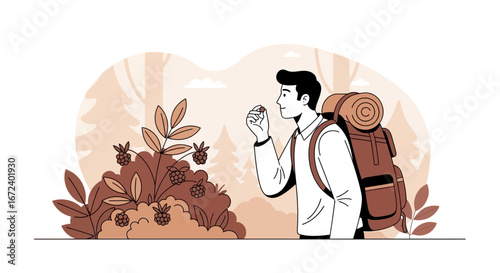 Adventurous Hiker Tasting Wild Berries During A Peaceful Woodland Expedition