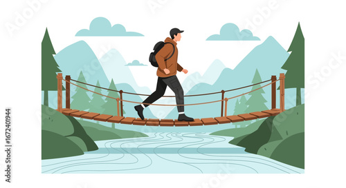 Adventurous Hiker Traversing Wooden Bridge Over a Gentle River in the Mountains