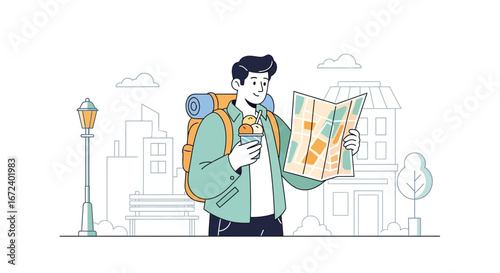 Adventurous Individual With Map And Snacks Exploring Urban Environment