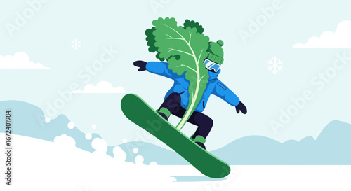 Adventurous Kale Character Enjoying Winter Snowboarding in A Whimsical Illustration
