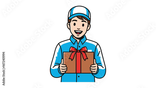 Smiling Delivery Guy: Friendly delivery person, dressed in a neat uniform, offers a gift with a cheerful smile and welcoming gesture. This image captures the spirit of giving, joy, and convenience.