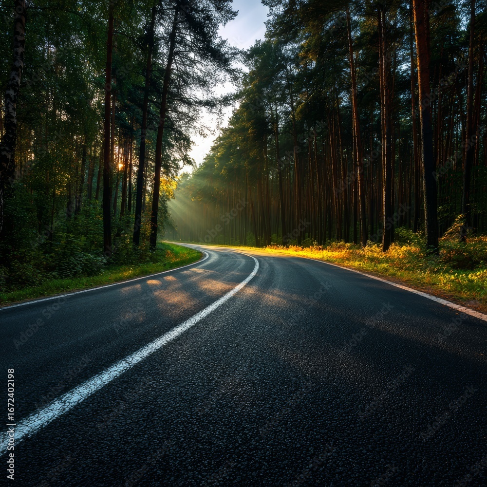 Fototapeta premium An empty road leading through a dense forest, with sunlight piercing through the trees