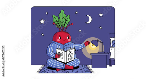 Adorable Beetroot, Pajamas, Reading, Cozy Room, Nighttime, Illustration, Cartoon, Moon, Stars