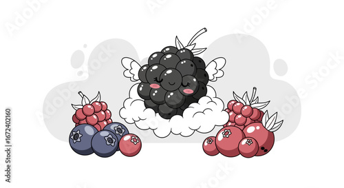 Adorable Berry Cartoon Character with Wings in Delightful and Whimsical Illustration