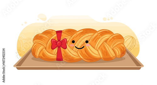 Adorable Braided Bread Gift Decorated With A Red Bow Presented On A Tray For Celebration