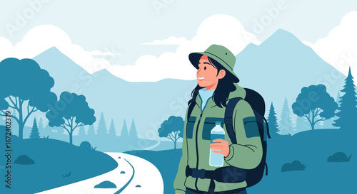 Adventurous Woman Hiking Through Scenic Mountain Trails Looking Towards The Future