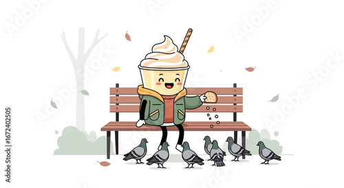 Adorable Cappuccino Character Feeds Pigeons on a Park Bench During Autumn Season