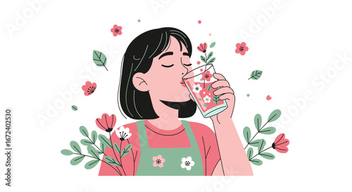 Aesthetic Illustration of a Woman Enjoying Floral Infused Drink, Isolated
