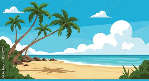 A serene beach scene with palm trees and a blue sky